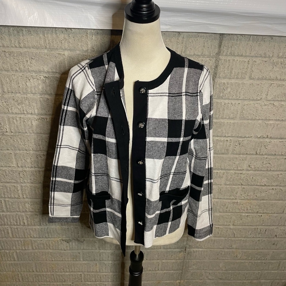 Cynthia Rowley Black White Plaid Button Front Long Sleeve Cardigan Size‎ Medium
